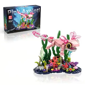 Pink Axolotl Building Block Set, Cute Underwater Salamander Model with Coral Reef Scene, DIY STEM Construction Toy, Aquarium Display Collectible Gift for Kids and Adults