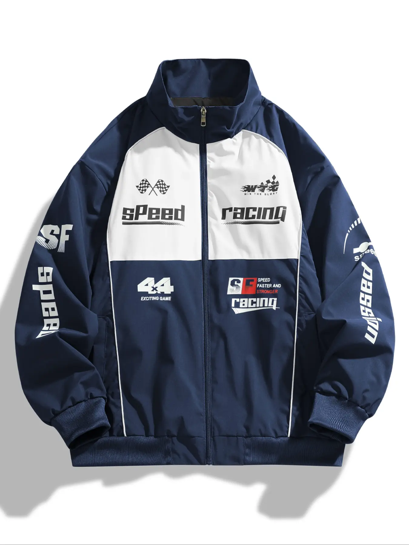Colorful splicing men's racing themed letter printed jacket, Coats, a casual and fashionable motorcycle jacket suitable for daily sports and outdoor activities, trendy clothing, comfortable to wear, and strong functionality.