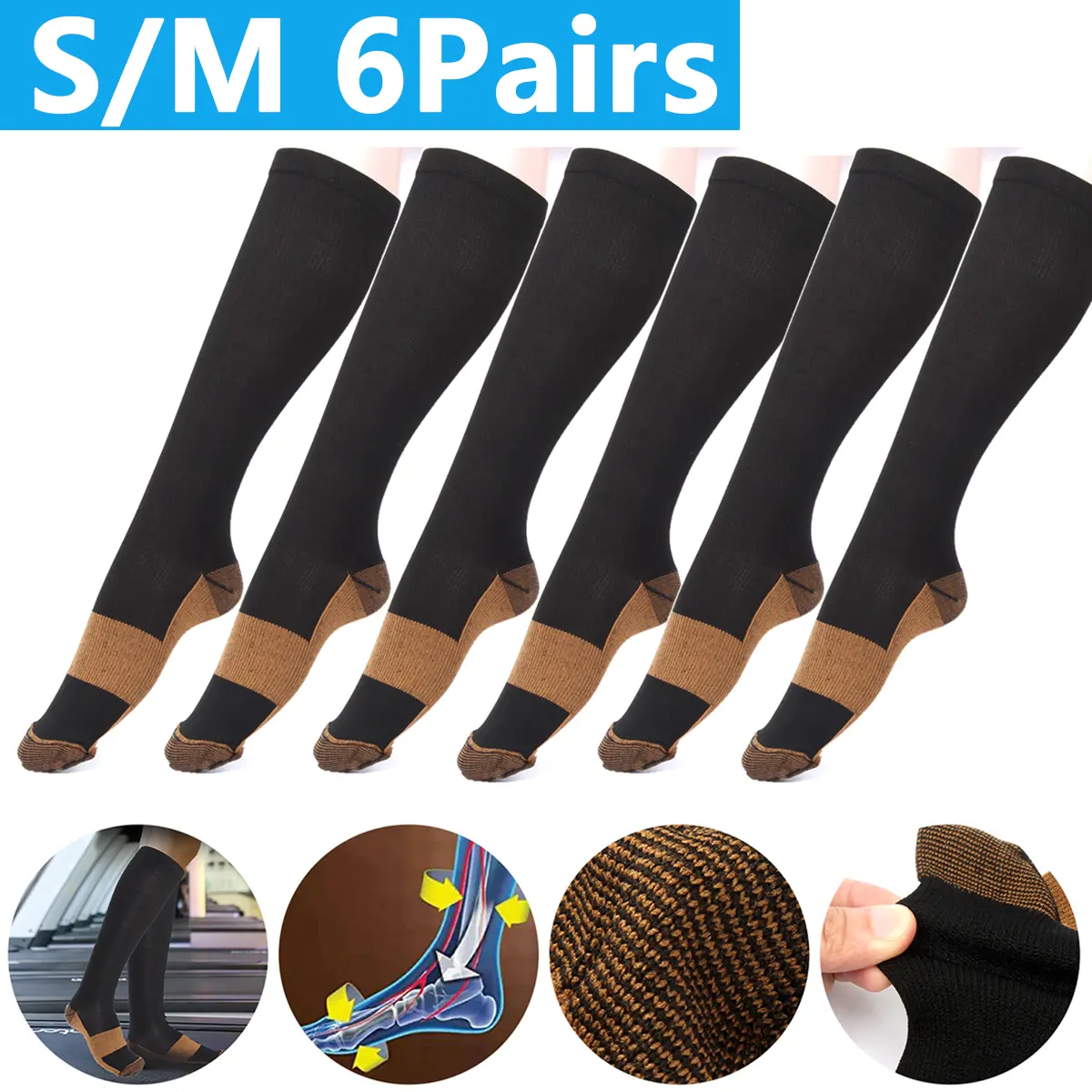 Unisex Ergonomic Copper Compression Athletic Ankle Workout Socks (6 Pairs, S/M) - 20-30mmHg Graduated Support, Nylon Blend, Skin-Friendly Circulation Aid, Non-Slip, Compression Socks Women, Ideal for Parents, Joggers, Muscle Recovery, Circulation Boost