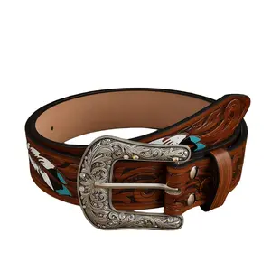 Retro PU Leather Belt with Rhinestone Engraved Pin Buckle & Tooled Plant Pattern