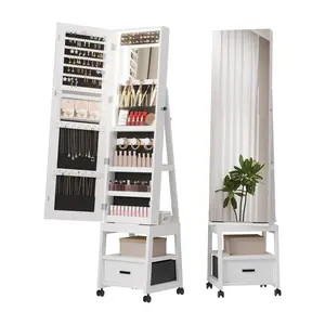 【GARVEE】360° Swivel Jewelry Armoire with Light & Drawer,  66" H Full-Length Mirror Jewelry Cabinet with Storage, Floor Standing Jewelry Organizer Cabinet with Wheels, White