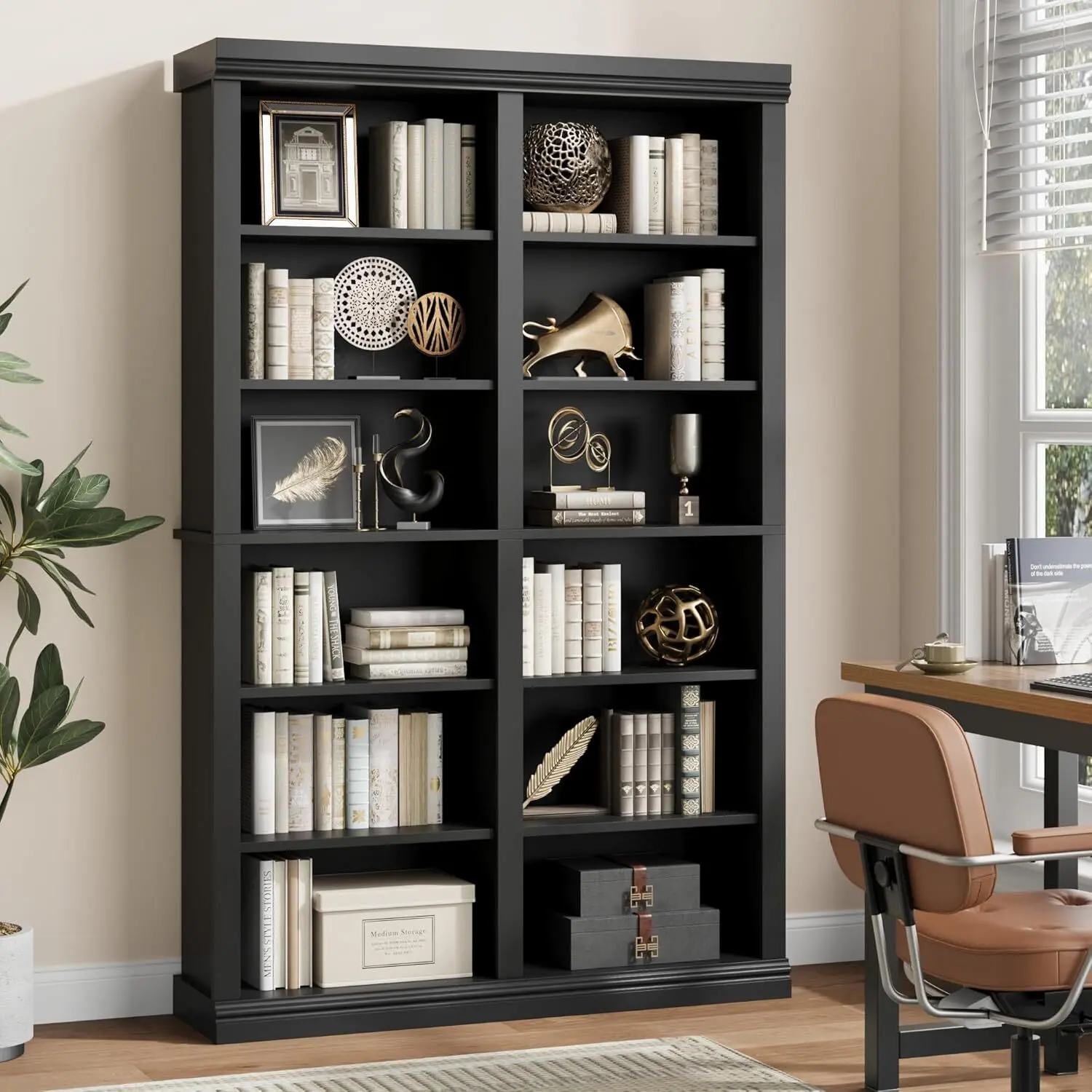 Gaomon 74in Tall Rectangular Wooden Book Shelf - 6-Tier Double-Wide Freestanding Contemporary MDF Wood Cubby Shelf with 12 Cubbies, Assembly Required for Book Organization, Living Room, Office