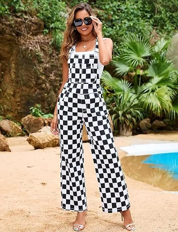 Zhangyan Mother's Day Checkered Overalls for Women Stretch Plaid Print Romper Football Game Outfit Fashion Jean Jumpsuit Cute Denim Bibs Coveralls Sleeveless Clothes Spring Fall Winter Festival Vibes Womenswear Gifts for Mom
