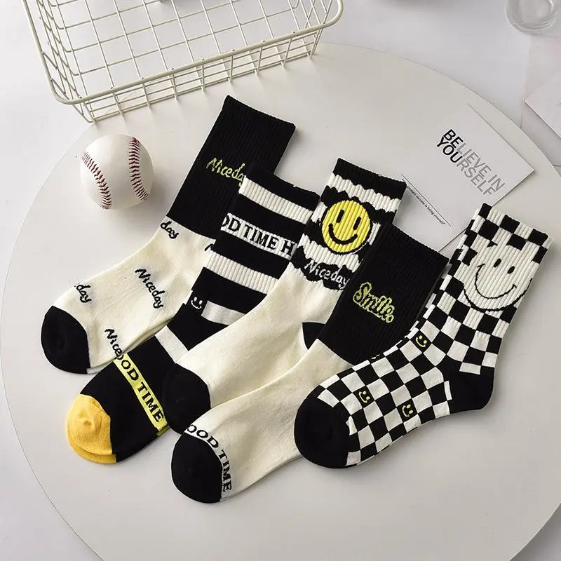 5 Pairs of smiley face mid calf socks casual campus style women's long socks in off white color perfect for everyday youthful looks and cozy comfort