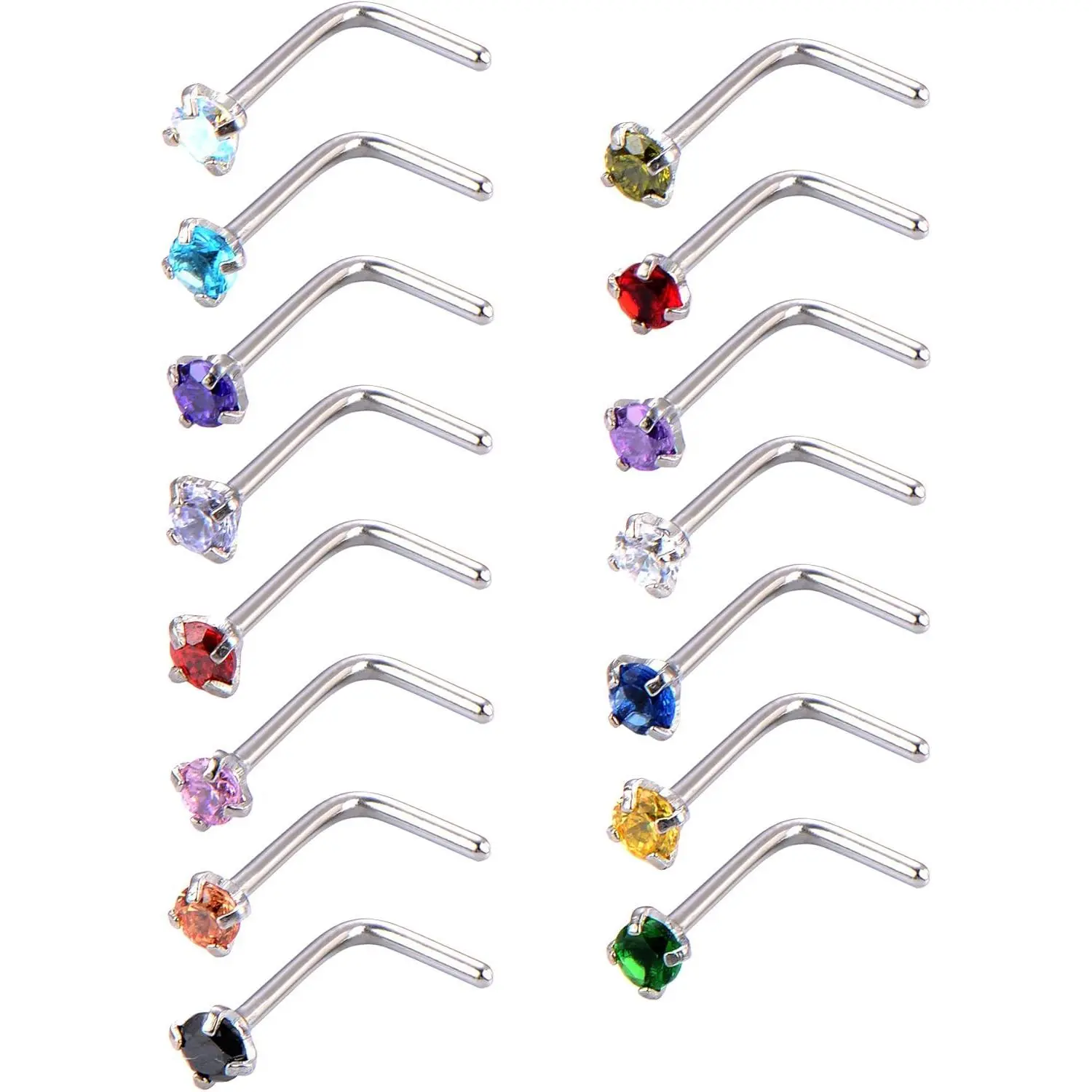 15-Piece L-Shaped Nose Studs, 20G 7 mm Surgical Stainless Steel Curved Bar Set with Colorful Cubic Zirconia Gems - Emerald, Light Blue & Red, 2 Mm Diameter, Unisex
