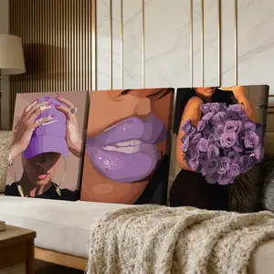 3 Counts Wooden Framed Canvas Painting, Elegant Purple Aesthetic Woman Artwork Images, Exquisite Floral Abstract Design Poster, Perfect Living Room Decoration, Modern Art, Fashion Family Poster, Wall Art Decoration, Decorative Artwork, Waterproof Art