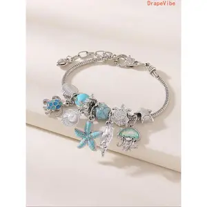 Ocean Themed Charm Bracelet Cute Turtle Starfish Shell Jellyfish Adjustable Stylish Daily Wear Wrist Accessory For Women And Girls
