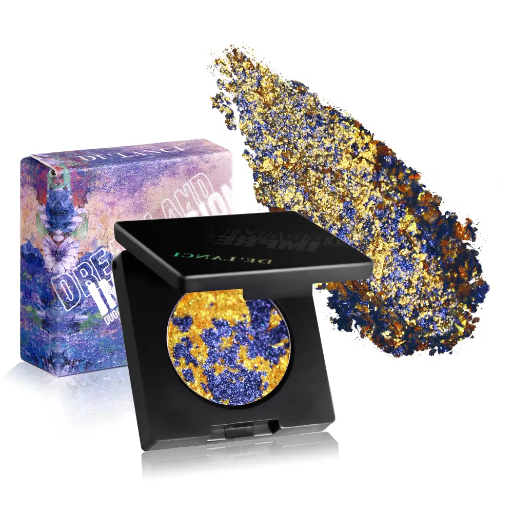 Delanci Blue-Gold-Blue Purple Dreamland Duo Chrome Eyeshadow Palette - Vegan, Non-Toxic, 3D Bling Effect, Waterproof Nourishing Setting Powder Cosmetic for Daily Creative Makeup Transformation, Makeup Enthusiasts, Makeup Palette Set