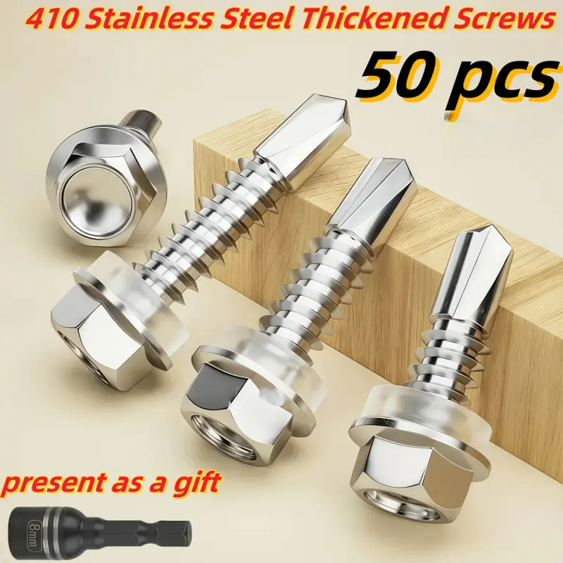 A Pack of 50 Hex Washer Head TEK Self-Tapping Screws, Heavy Duty Fastening, of 410 Stainless Steel, With Free Sockets, 5Mm Coarse Thread Suitable for Metal And Furniture Applications, Magnetic, Full Thread Right-Hand Op, Hardware