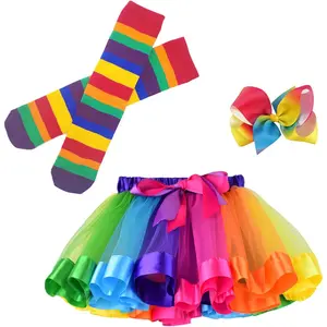 Tutu Outfit,Layered  Tulle Rainbow Tutu Skirt with Hairbow and Long Stockings