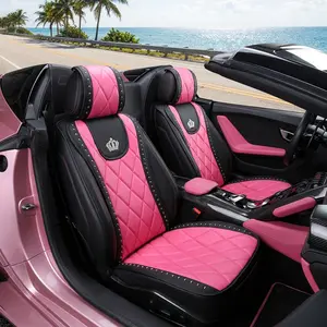 Car Seat Cover All Seasons, Durable High-Quality PU Leather, Breathable Car Seat Cushion, Sparkly Rhinestones Queen Crown Rivet Fashion Front Seat Cover