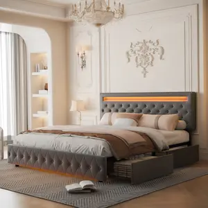 【Father's Day Gift】GEGOFORU Queen LED Bed Frame with 4 Storage Drawers, Smart RGB Lights, Adjustable Upholstered Headboard, Cozy Bedroom Upgrade, No Box Spring Needed#SummerVibes