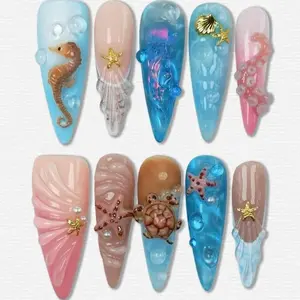Katy Nails Deep Sea Summer Press-On Nails, Handmade Marine Life Charms with Seahorse, Starfish & Turtle, Ocean Blue Gloss Finish, Summer nails, Beach Vibes, Birthday Gift for Her