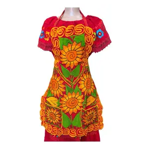 Handmade Mexican Floral Apron with Pockets | Sunflower & Red Roses | Fits Small–Large Vibrant Mexican Apron | Handmade Gift Idea | Sunflower  floral Embroidery