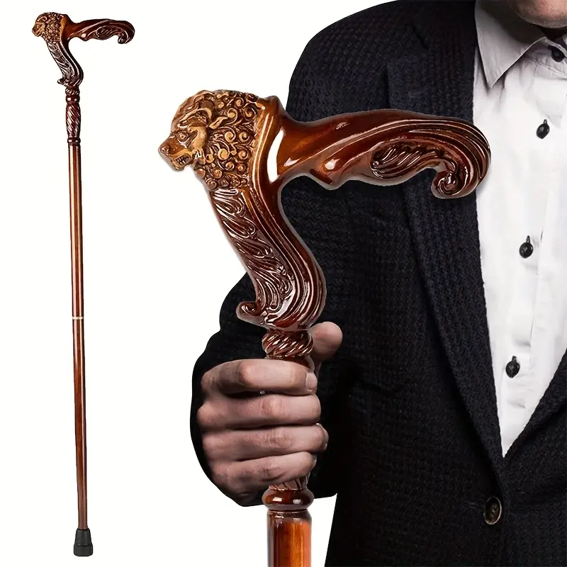 Vintage Lion Head Walking Cane, Elegant Wood Scepter with Ergonomic Grip, Unisex Style Fit for Role-Play, Decorative Vintage Couple Prop & Thoughtful Gift, Luxury Hiking Sticks, Hiking / Light Outdoor, Wooden Feels Solid And Refined, Comfortable Grip