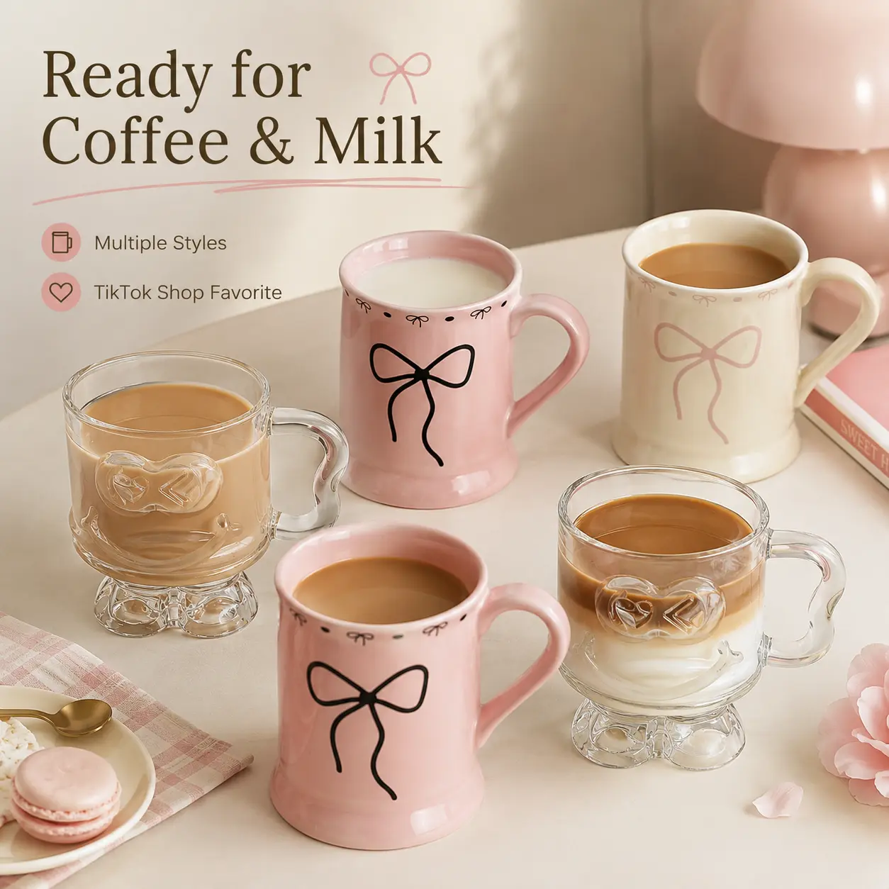 11.7oz Cute Bow‑Embossed Stemmed Glass Mug, Crystal‑Clear Coffee Cup with Handle, TikTok Viral Aesthetic Drinkware for Iced Latte, Milk & Everyday Gifting