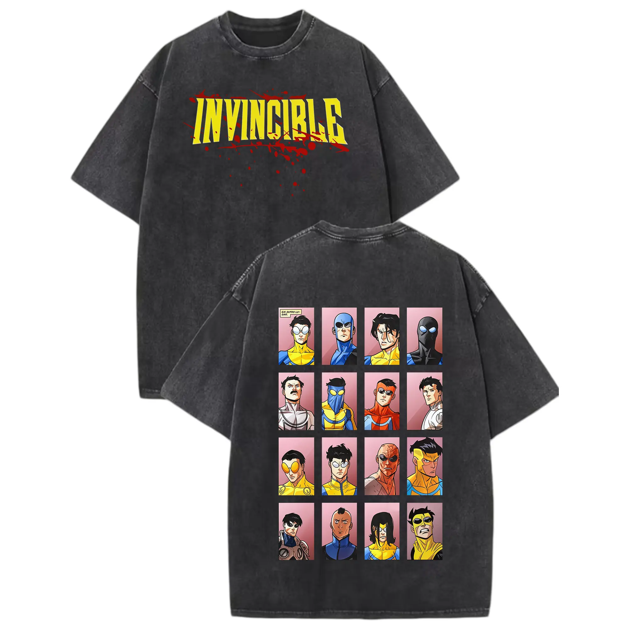 Invincible Omni-Man Vintage Washed T-Shirt, Double-Sided Superhero Characters Graphic Oversized Black Streetwear Tee, Casual Comic Fans Cotton Top for Men Women
