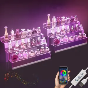 16"  Display Organizer with LED Light - 3 Tier Perfume Stand and Display Step Shelves Holder, Cologne Organizer for Men, Figures Stand, Porta Perfumes Para Tocador, Clear Riser, 2 Pack Stands