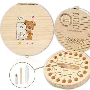 Wooden 26 Letter Bear Pattern Tooth Box, 1 Count Milk Teeth Organizer for Kids, Lanugo Umbilical Cord Storage with Bottle Tweezer, Keepsake Newborn Memory Case, Decor