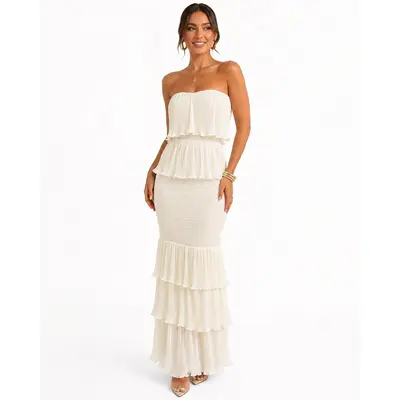 winslet white satin sheer hem strapless maxi dress Winslet White Satin Sheer Hem Strapless Maxi