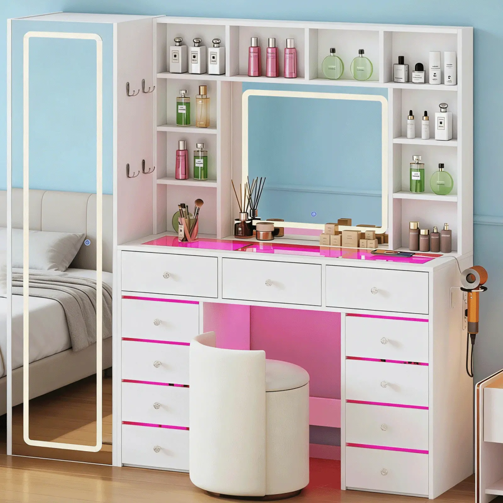 CollaredEagle White Floor Vanity Makeup Desk with Full-Length Mirror, RGB Drawers, Transparent Glass Top & Charging Function, 10-Shelf Storage Organizer for Bedroom Beauty, Dorm & Home Decor