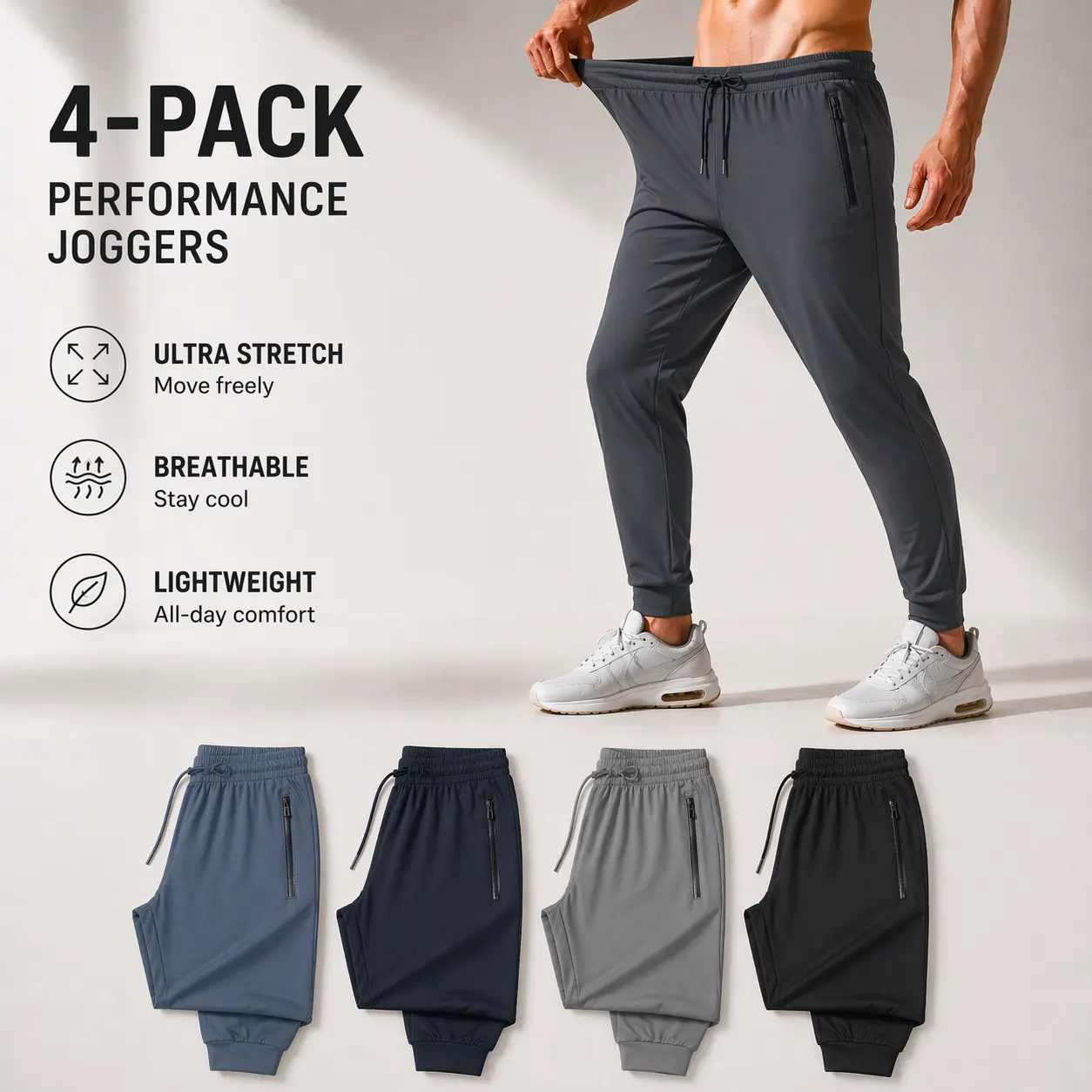4-Pack Men's Joggers with Zipper Pockets Lightweight Cuffed Stretch Sweatpants Athleisure Outfit Big Guy Pants Athletic Workout Running Gym Fit for Spring & Summer Fashion 4-Pack Men's Joggers with Zipper Pockets Lightweight Cuffed Stretch Sweatpants Athleisure Outfit Big Guy Pants Athletic Workout Running Gym Fit for Spring & Summer Fashion