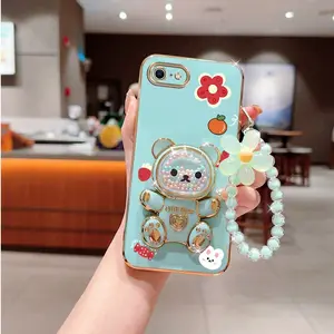 16E Cute Bear with Adorable Fruits Flowers PC Fashion Strap Lanyard Phone Holder Case with Shockproof Cover Compatible with For iPhone 16e