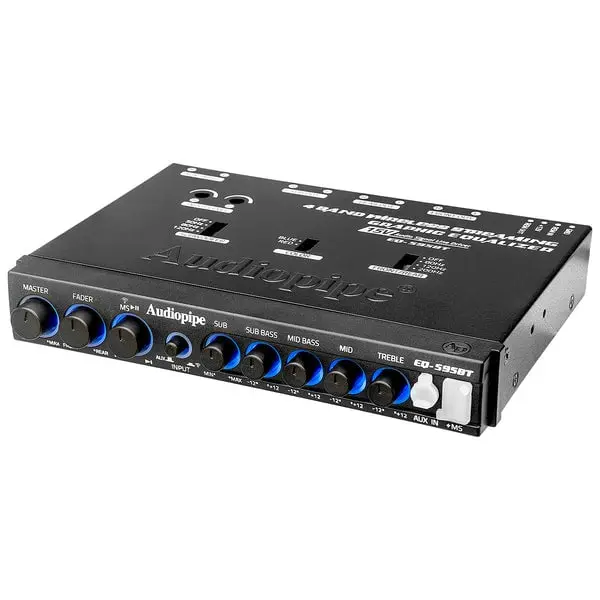 Audiopipe EQ-595BT 4-Band Adjustable Graphic Equalizer for Audio Enthusiasts, Durable Build, Wireless Streaming, Subwoofer Compatibility, Device Connectivity, Easy Installation, Integrated Power On/Off Switch, Dynamic Lighting Feature, Half-Din, Wireless,