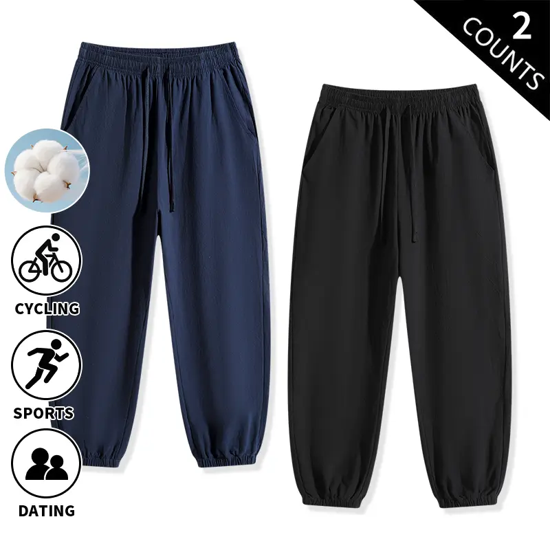 2-Pack Men’s 100% Cotton Jogger Pants, Elastic Drawstring Waist, Ankle-Cuffed Casual Sweatpants, Soft Lightweight Loose Fit, Tapered Pants, Breathable Comfortable Loungewear Pants