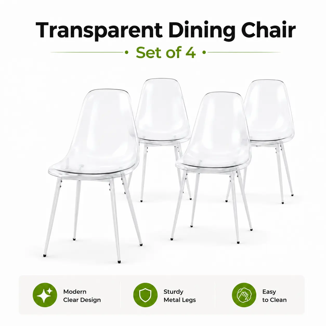 Set of 4 Contemporary Transparent Dining Chairs, Clear Shell Accent Chairs with Metal Legs for Dining Room Kitchen Office