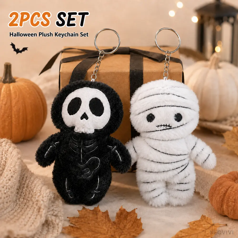 2PCS Halloween Plush Keychain Set Skeleton and Mummy Stuffed Keyring Bag Charm Cute Spooky Gift