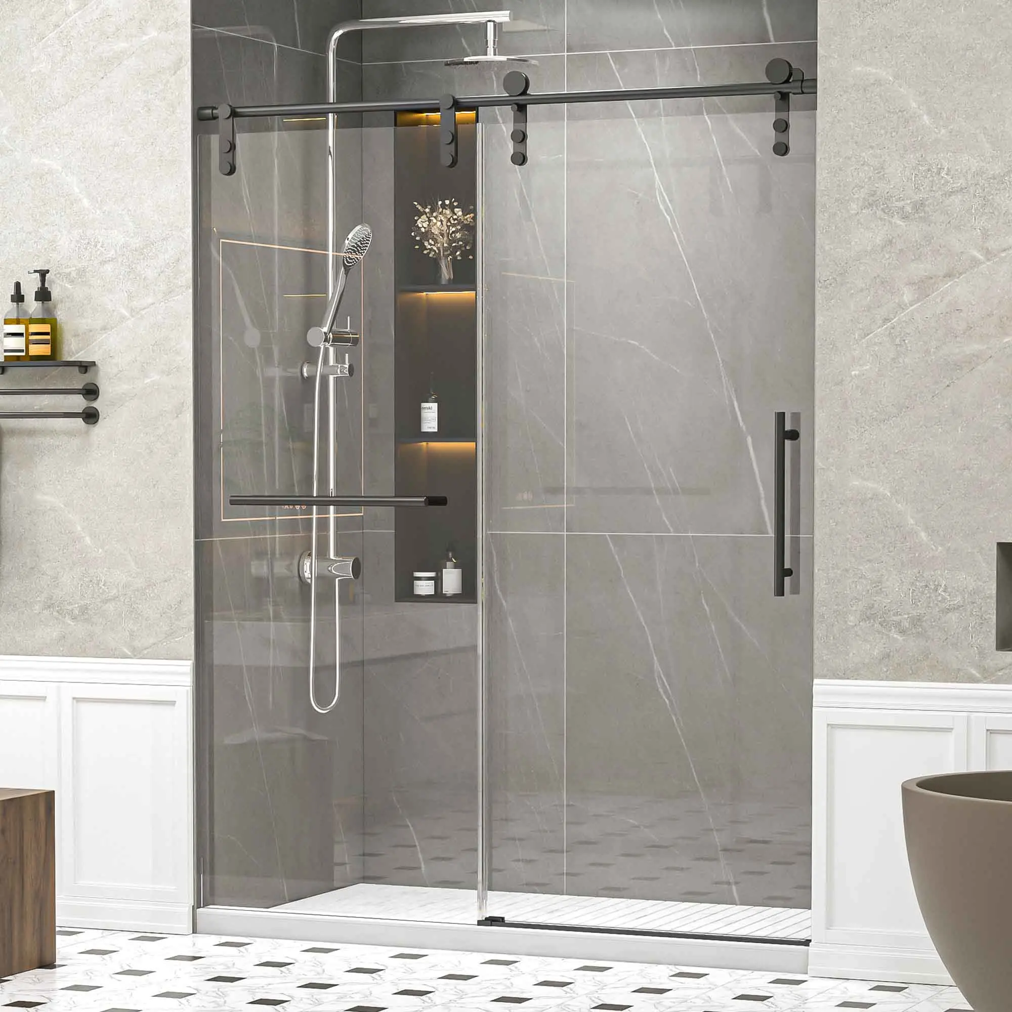 56-60"x76" Frameless Sliding Shower Enclosure – 8mm Thick SGCC Safety Glass, One Single Sliding Panel, Includes Towel Bar and Grip Handle, Non-Soft-Close Roller System, Durable Matte/Chrome Options