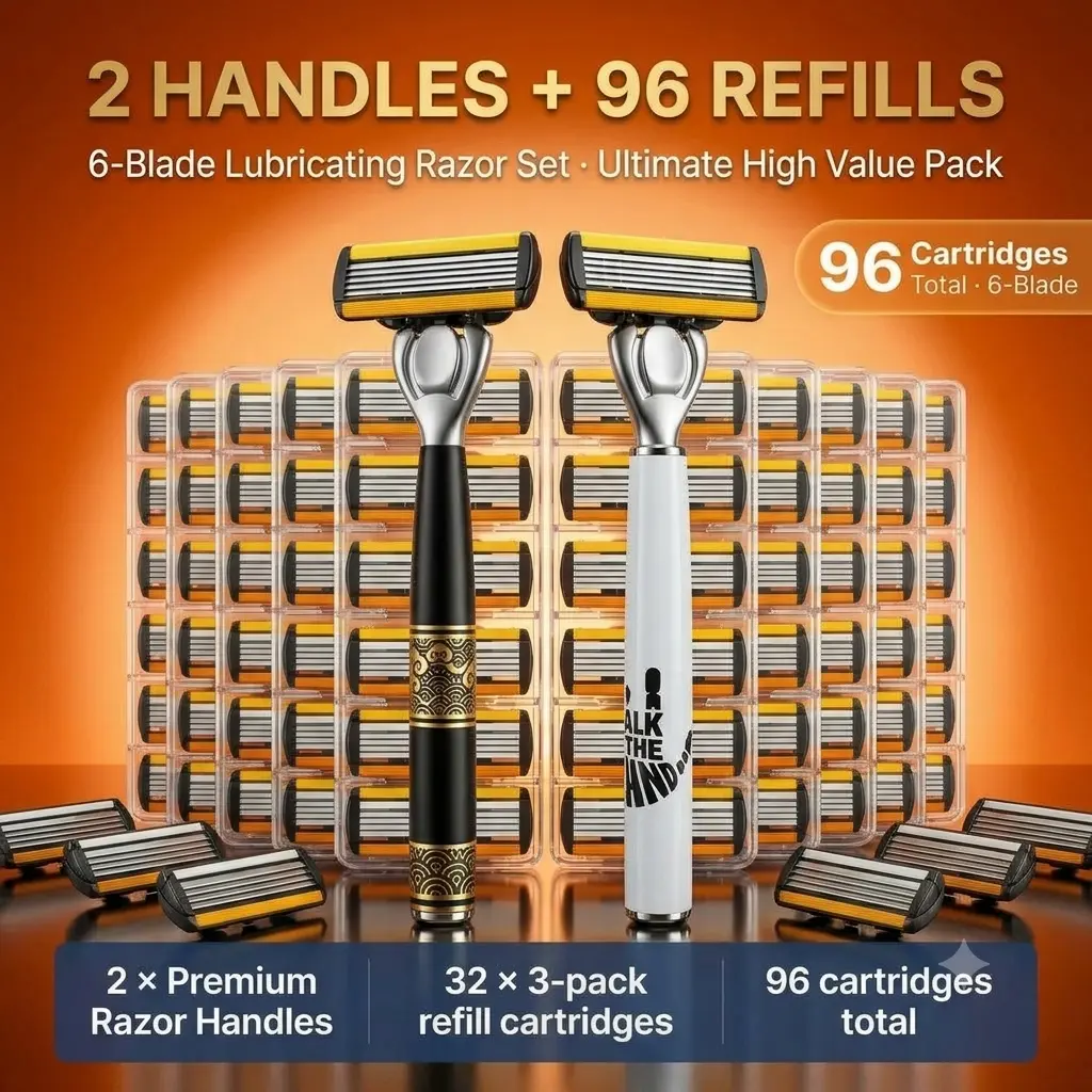 【96 Pcs Refillable】Shaving Set, Traditional Razors, 96 Refill Blades + 2 Handles, 6 Layer Blade Disposable Shaving Razors, Stainless Steel Blades with Clear Safety Cap, Multipurpose Portable Razor for Bathing, Hotel, Travel Daily Use,Disposable