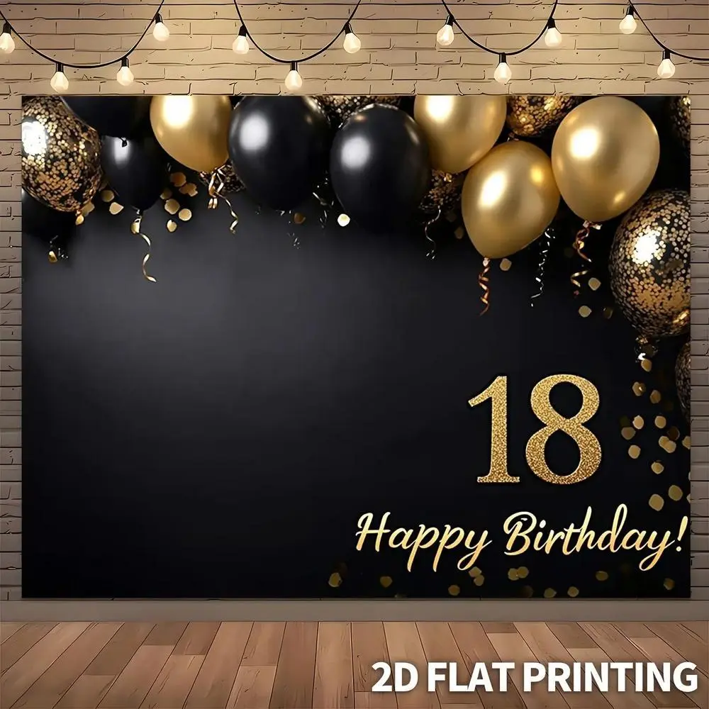 1pc Adult Happy Birthday Backdrop Banner - Large Size 1-Piece Glitter Print Polyester (70x90in/179.83x229.87cm), Black & Golden Balloons, Ceremony Photo Booth Decor, Reusable Durable Easy-Hanging Supply