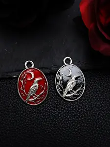 2pcs Gothic Raven Pendant Necklace Charms, Baroque Style Zinc Alloy Drop Design, Vintage K Plated Oval Tag, DIY Jewelry Accessories