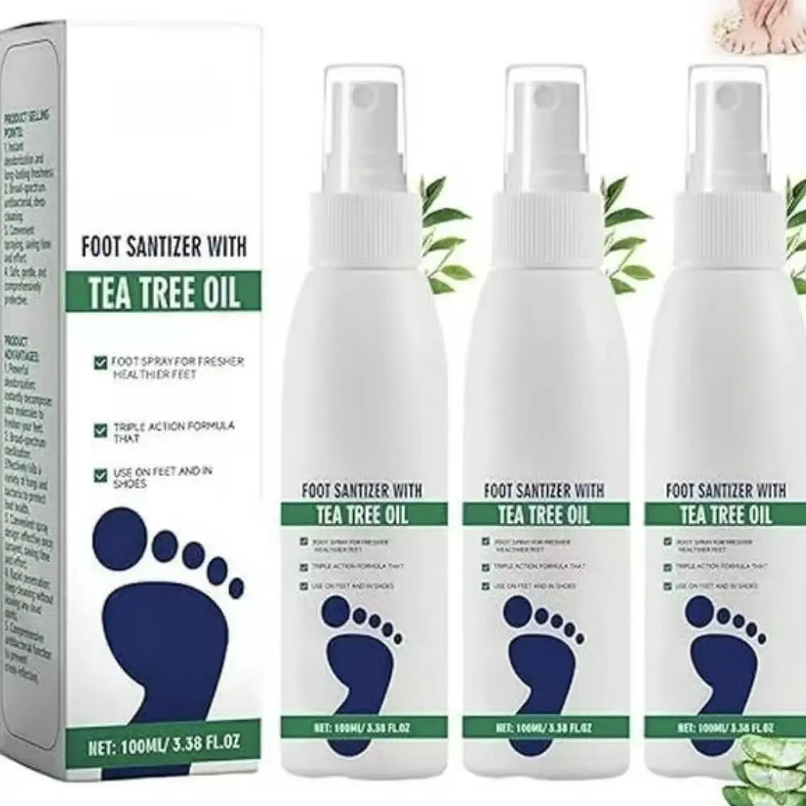 3 PCS Tea Tree Oil Foot Sanitizer Spray, Natural Foot & Shoe Deodorant Spray, Herbal Intensive Foot Care Set, Moisturizing & Nourishing Foot Lotion for Dry Feet Antibacterial Moisturizer Hydrate, Herbal Foot Cream Foot Exfoliating Spray Natural