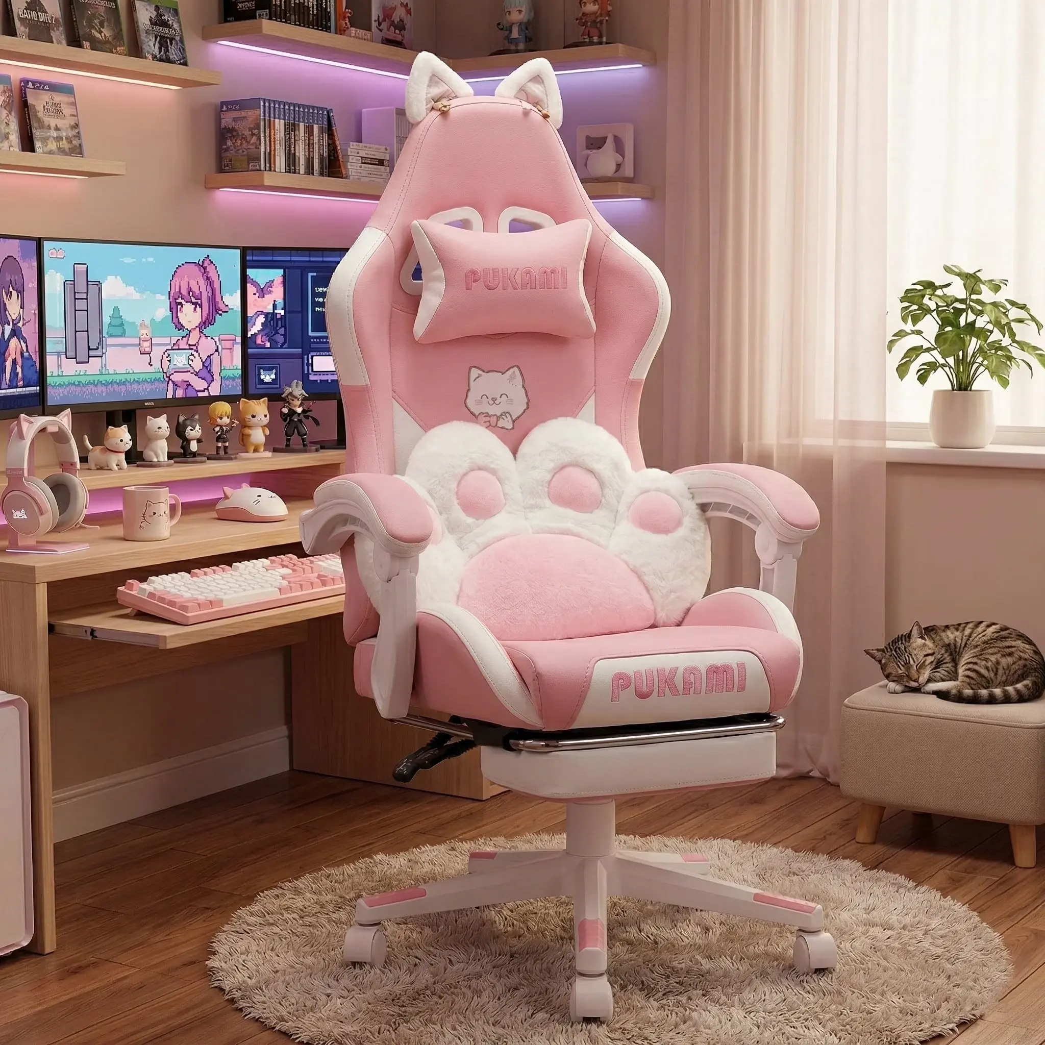 Pink Gaming Chair with Cat Ears & Cat Paw Lumbar Pillow, Reclining Computer Desk Chair with Footrest, Cute Ergonomic Office Chair for Girls, Teens & Adults, Cute Kawaii Gaming Chair Waleaf