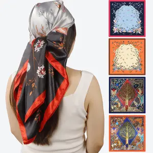 Twicebeauty 35Inch Large Square Satin Head Scarf - 4Pcs Silk Accessories Classic Patterned Squares Beach Bandanas for Women Daily Use