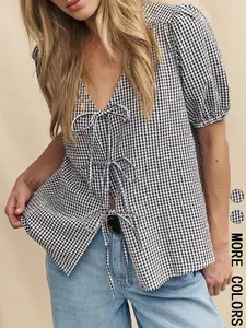 Women's Plaid Print Tie Front Blouse, Casual Blouses, Casual Style Shirt, Boho Tie Top, Casual Short Sleeve Top for Beach Vacation, Ladies Clothes for Summer, Womenswear