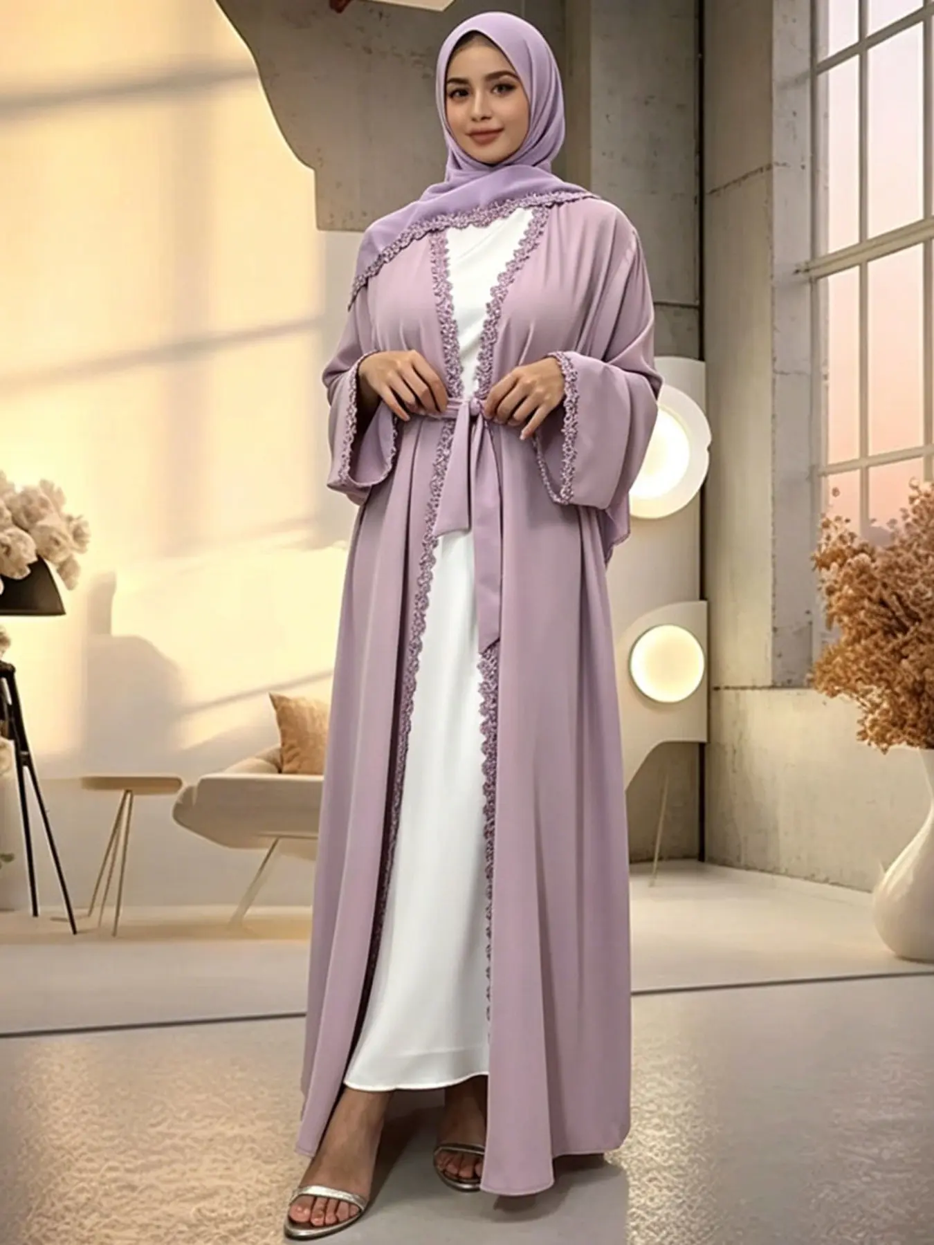 Fashion Nida Material Muslim Abaya, Islamic Abaya Dress, Modesty Muslim Clothing, Long Fitted Robe with Belt and Pockets, Elegant Trimmed Design, All Seasons Wear