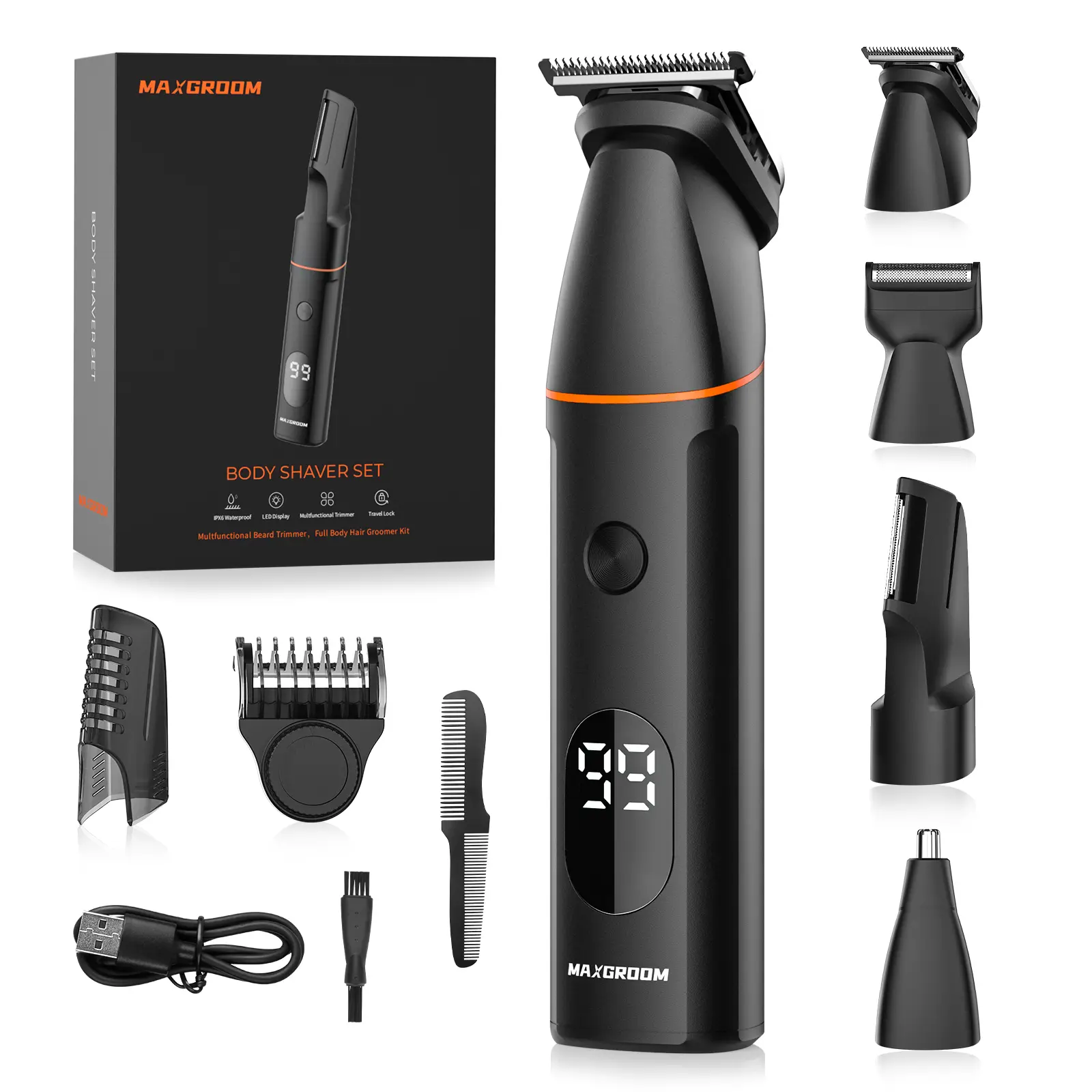 MAXGROOM 6-in-1 Body Hair Trimmer for Men, Multifunctional Intimate Pubic Groomer with Gentle Ceramic Blades, Waterproof & Wireless Type-C Rechargeable, Hair Removal Trimmer, Intimate Pubic Trimmer
