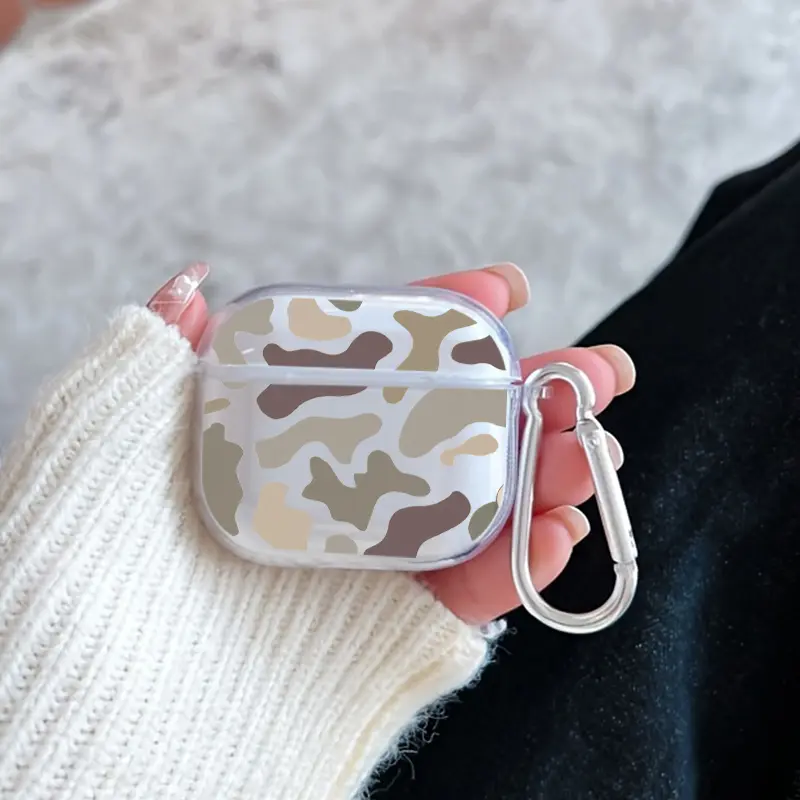 Camouflage Harmony Pattern TPU Soft Protective Case for Apple AirPods 4/3/2/1/Pro/Pro2 Transparent Earphone Cover with Keychain Attachment