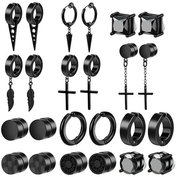 12 Pairs Stylish Black Stainless Steel Magnetic Clip-On Earrings - Hoop & Dangling Set for Women, Hypoallergenic Fake Piercing Costume Jewelry, Magnetic Earrings