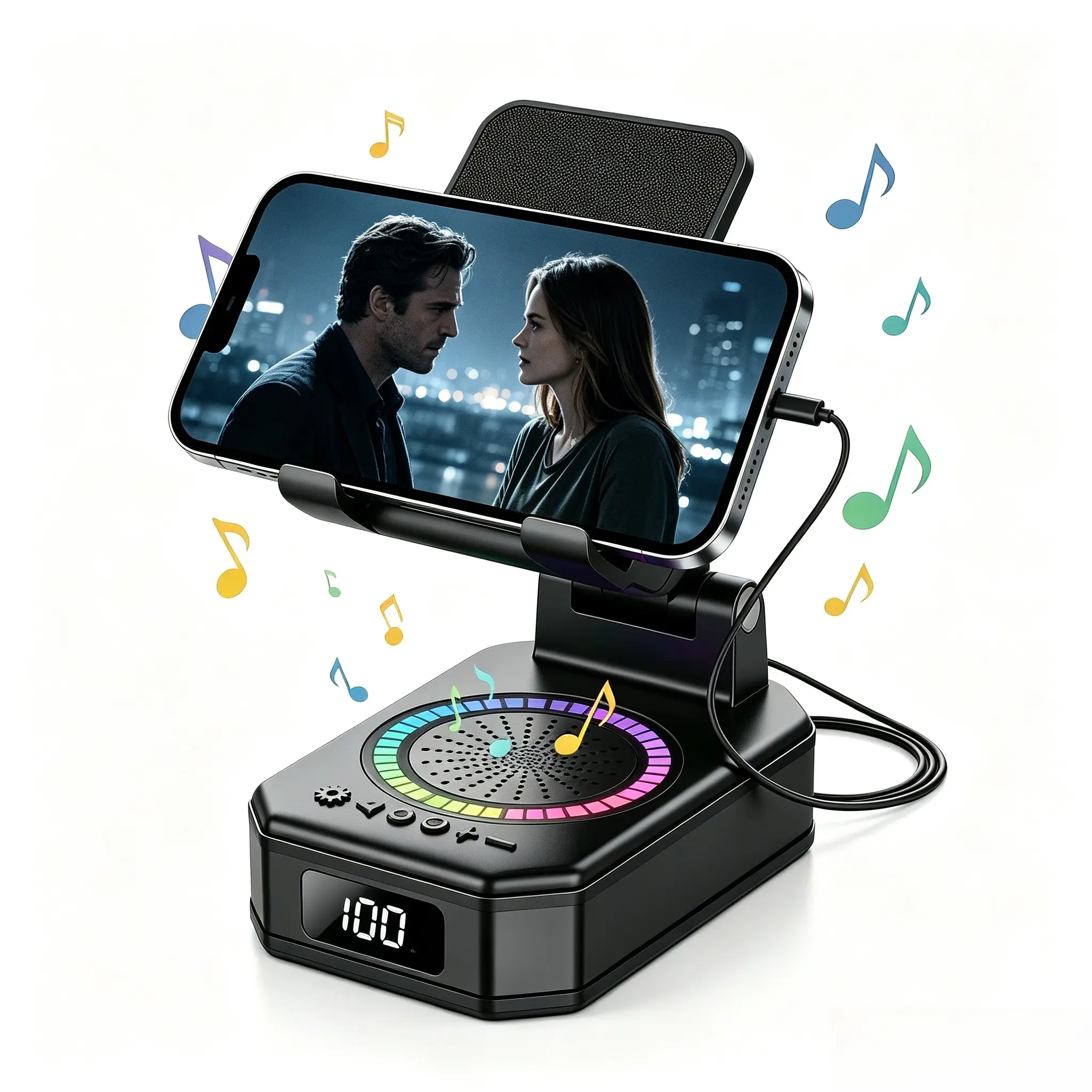 Portable Bluetooth Speaker Gadget with Phone Holder, Rechargeable RGB LED Night Light, Wireless Stereo Sound, Foldable Desk Speaker for iPhone Android Devices, Wired Compatibility, Room Decor Gift Idea
