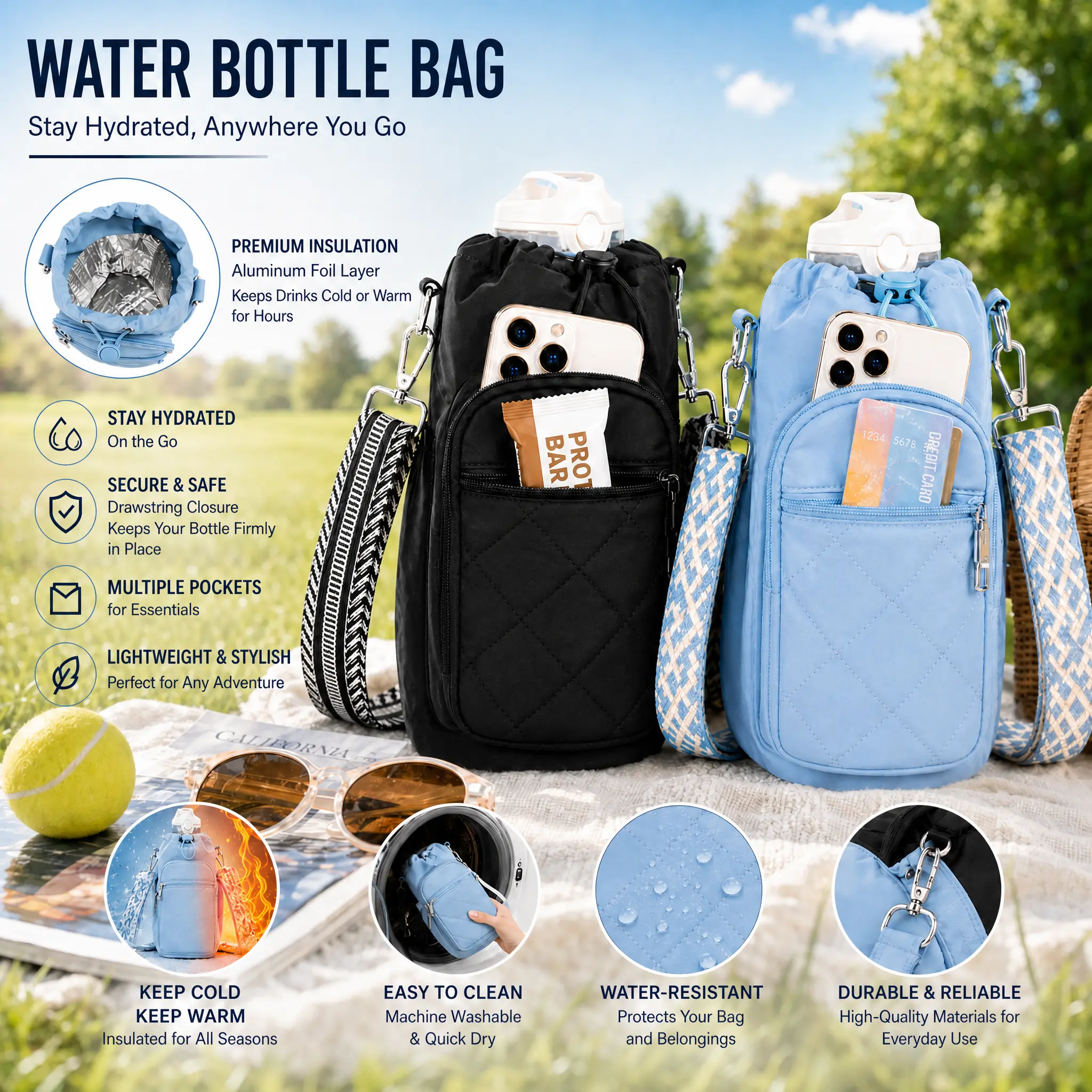 2026 Upgraded Stylish Insulated Water Bottle Crossbody Sling Bag - Elastic Adjustable Strap, Drawstring, 4 Pockets, RFID Blocker, Waterproof, Lightweight, Fits 16-40oz Bottles & Tumblers, Hands-Free Hiking Travel Carrier