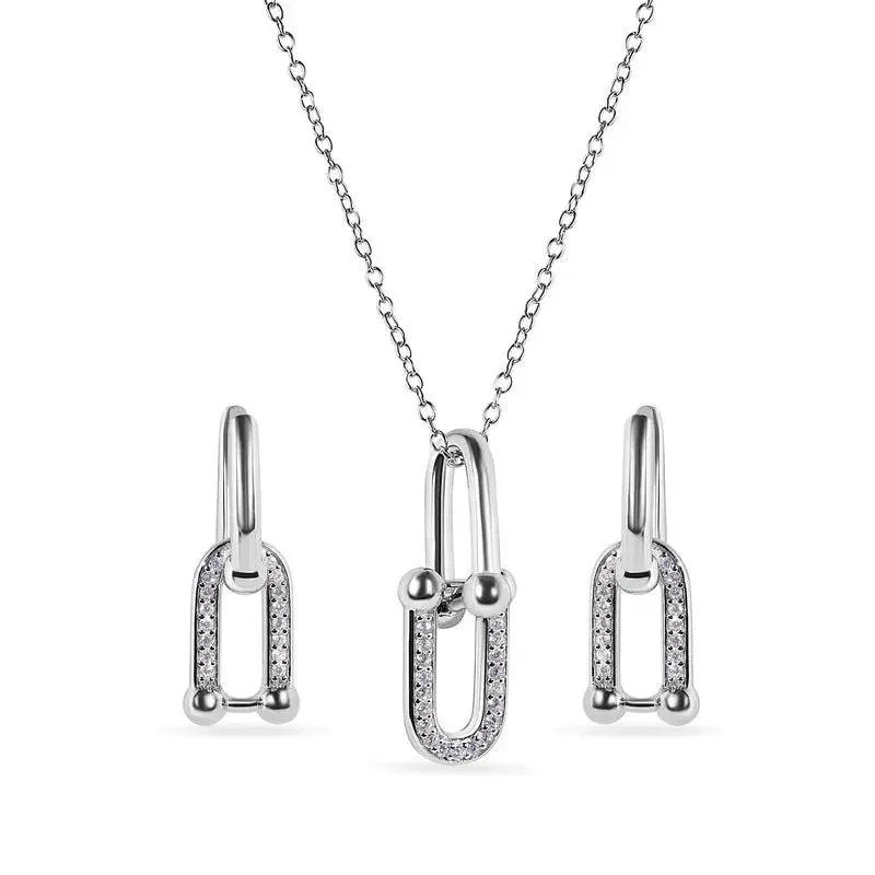 925 Sterling Silver Round Bow Paperclip Clear CZ Necklace and Hoop Earring Matching Set