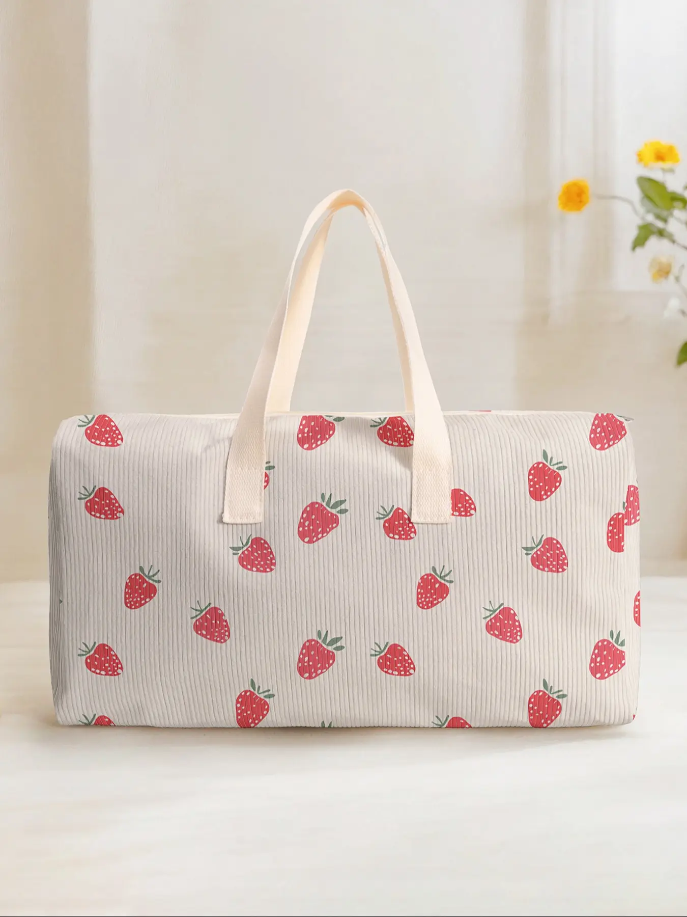 Large Capacity Corduroy Travel Bag, Strawberry Print Yoga Fitness Handbag, Casual Weekender Bag for Short Trips, Weekend Getaways, Daily Commute