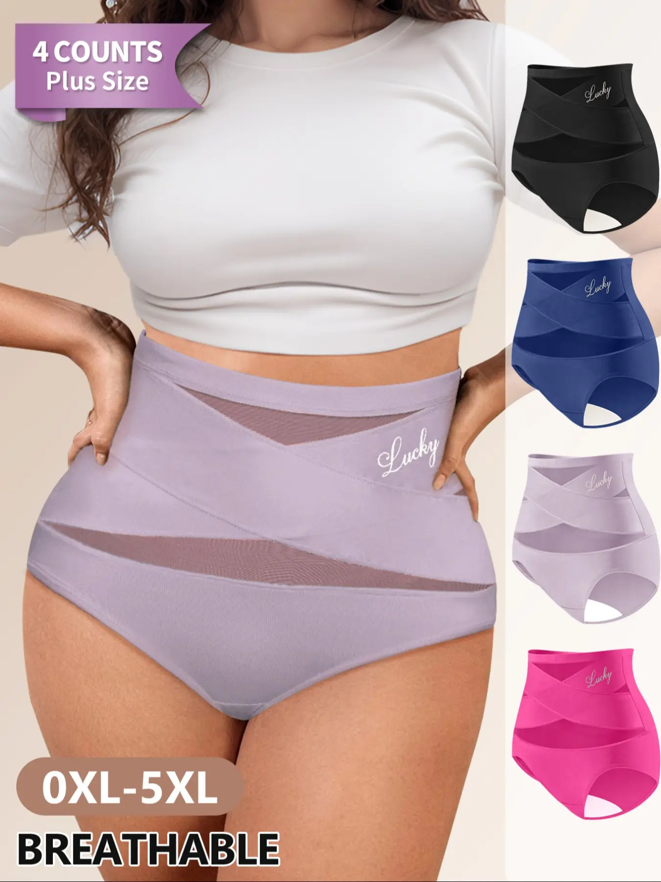 Women's Plus Size High Waist Underwear, Breathable Mesh Fabric, Comfortable Tummy Control Panties, Casual Fitted Design for All Seasons, High Waisted Panty