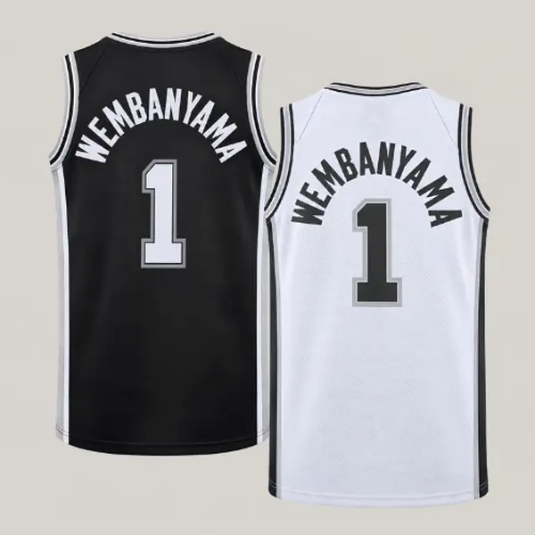 Retro Black White Victor Wembanyama #1 Basketball Jersey, Full Printed Logo Black White Sleeveless Mesh Tank Top, Retro Basketball Fan Sportswear Gift