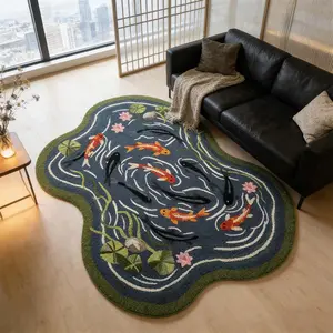 Koi Pond Irregular Plush Carpet for Living Room, Luxurious Vintage Zen Style Soft Mat for Entryway, Comfortable Rug for Bedroom & Dressing Area, Bohemian Area Rug, Boho Floral Rug, Floral Pattern Rug